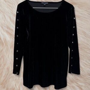 Cable & Gauge Black Velvet Long Sleeve Top with Crystal Accents